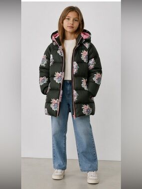Stella McCartney Kids Floral Puffer Jacket Green/ Pink Sz 10 (Girl)